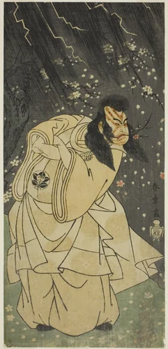 The Actor Ichimura Uzaemon IX as Kan Shojo in the Play Sugawara Denju Tenarai Kagami, Performed at the Ichimura Theater in the Eighth Month, 1768 by Katsukawa Shunsho (勝川 春章), print, 1763-1773