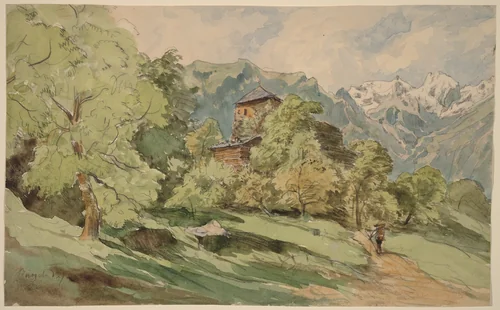 The Castle of Bürglen with the Alps Beyond by Carl Wagner, drawing, 1862