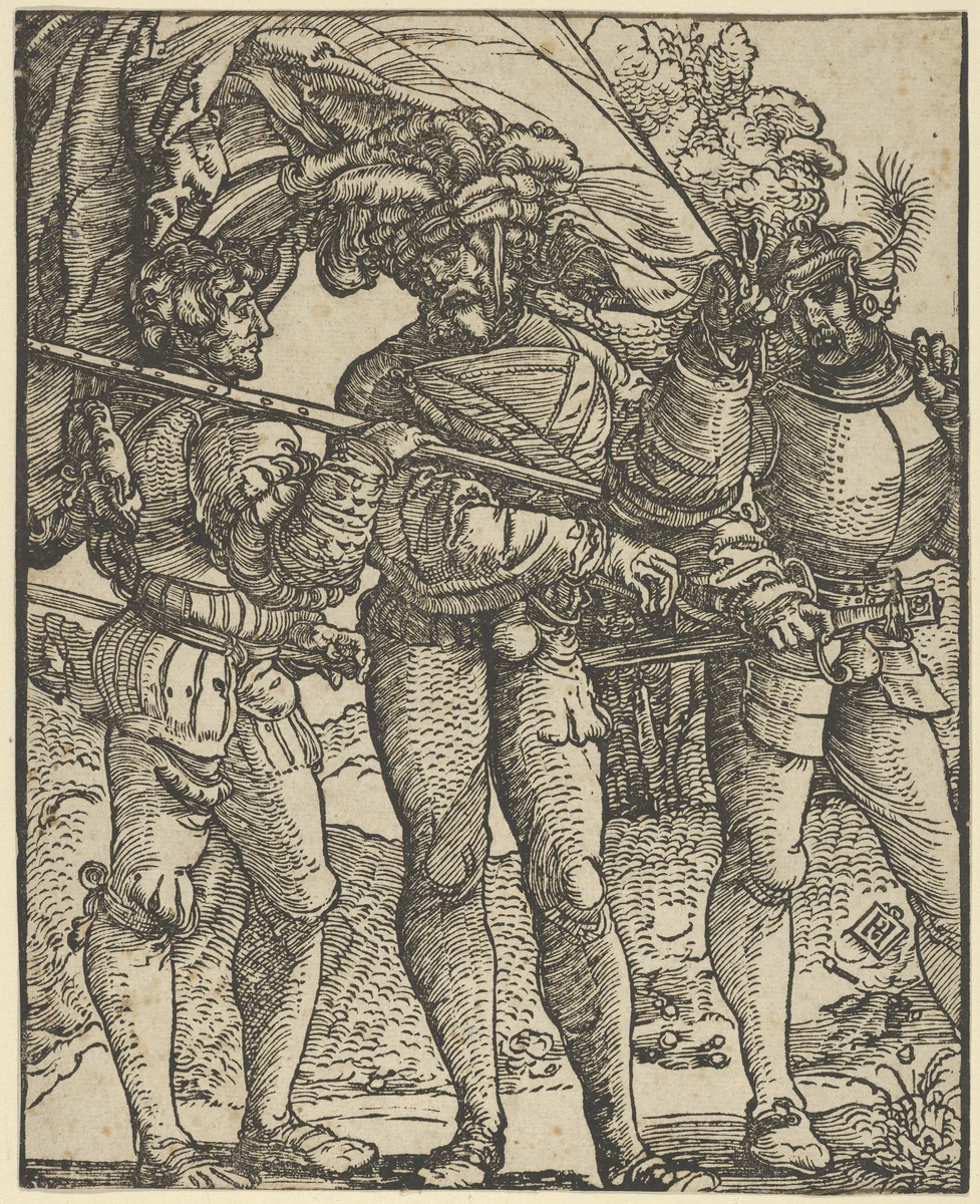 A Standard-Bearer Flanked by a Lansquenet at each side (copy) by Hans Schäufelein, print, 1500-1540