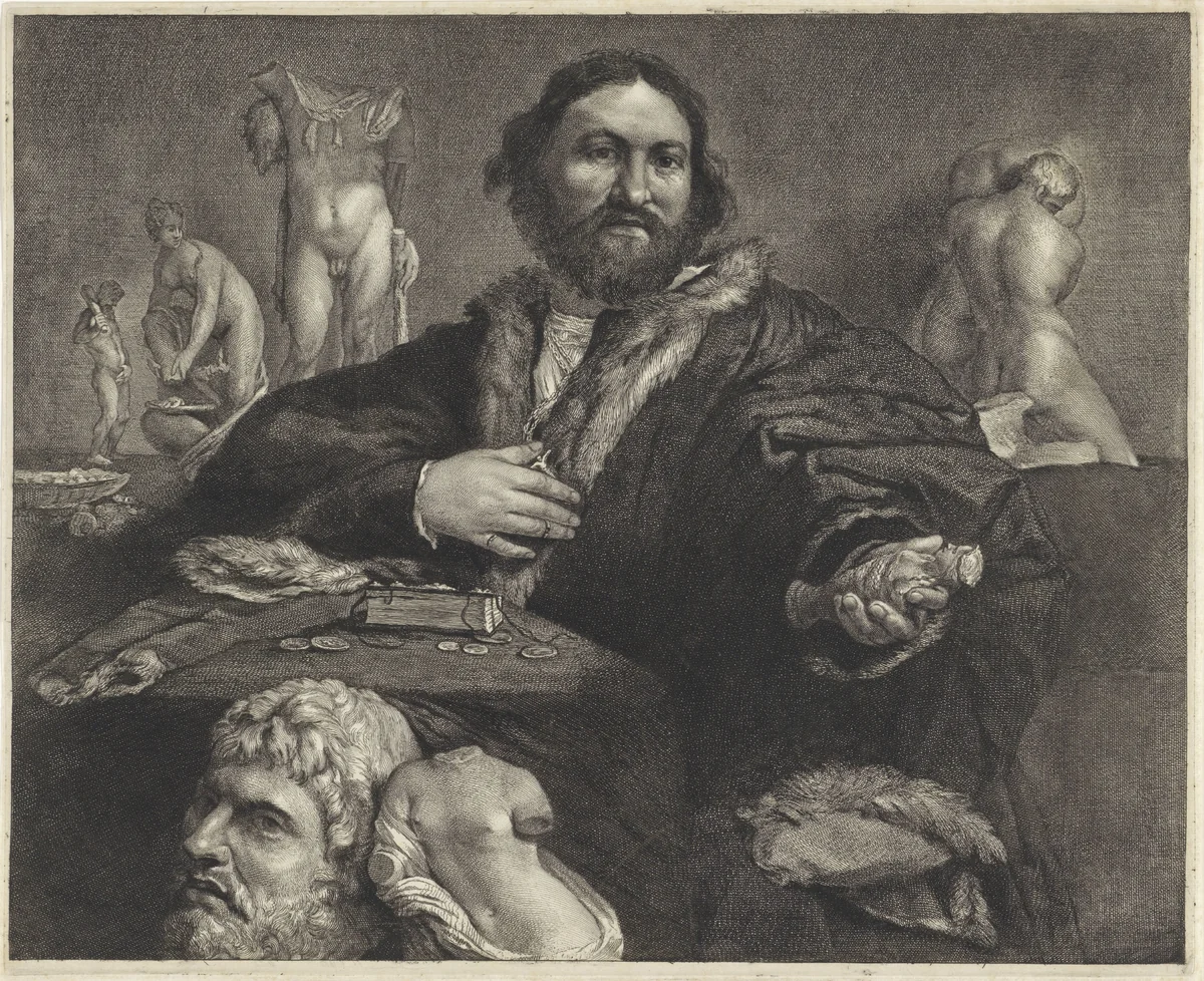 Portrait of the collector Andrea Odoni by Cornelis Visscher, print, 1638-1658