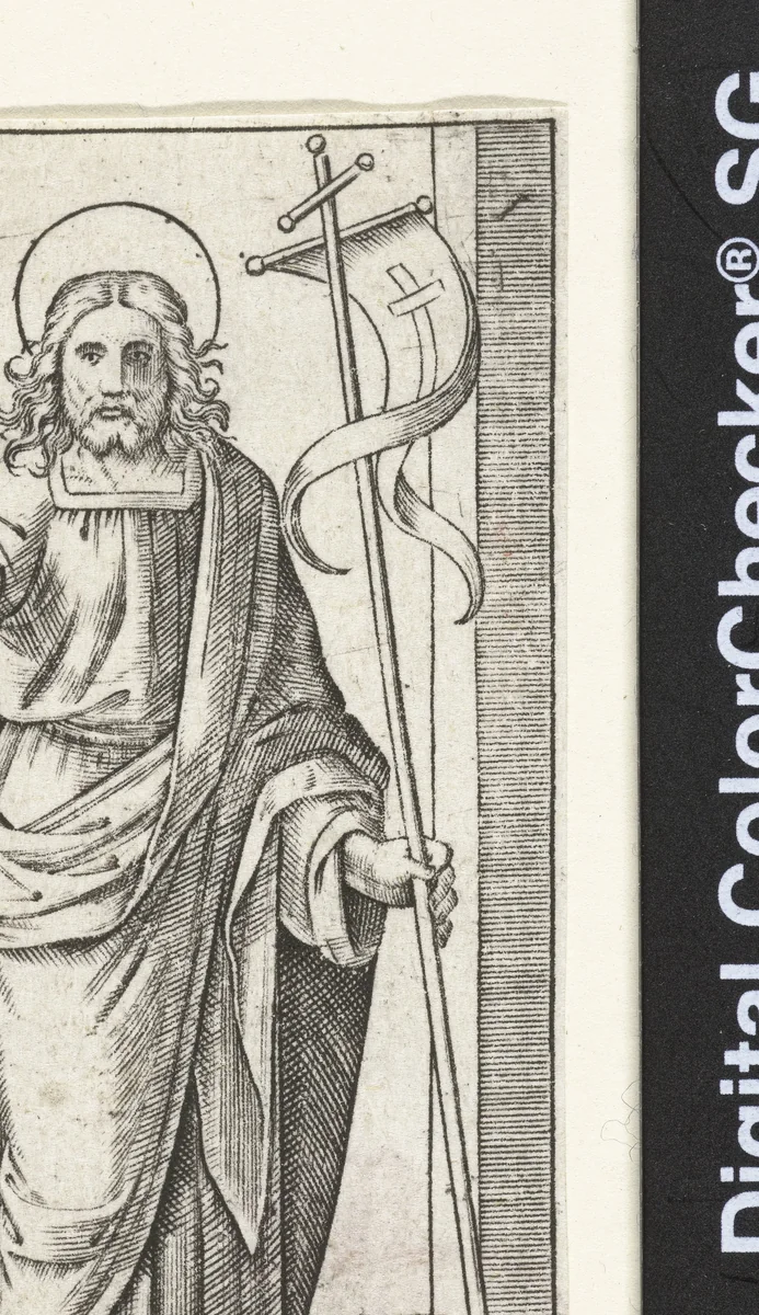 Christus met kruisvaandel maakt zegenend gebaar by anonymous, print, 1517-1577