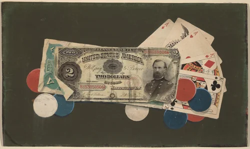 Trompe l'Oeil: A Full House with Chips, $2 and $5 Bills by American 19th Century, drawing, 1890-1900