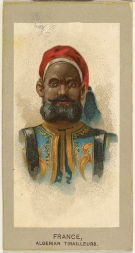Algerian Tirailleurs, France, from the Military Uniforms series (T182) issued by Abdul Cigarettes by Abdul Cigarettes, print, 1881