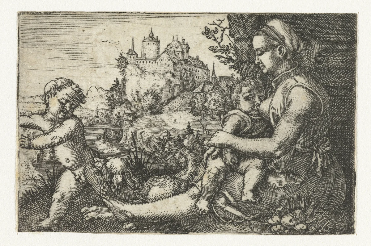 Moeder met twee kinderen by Barthel Beham, print, 1512-1540