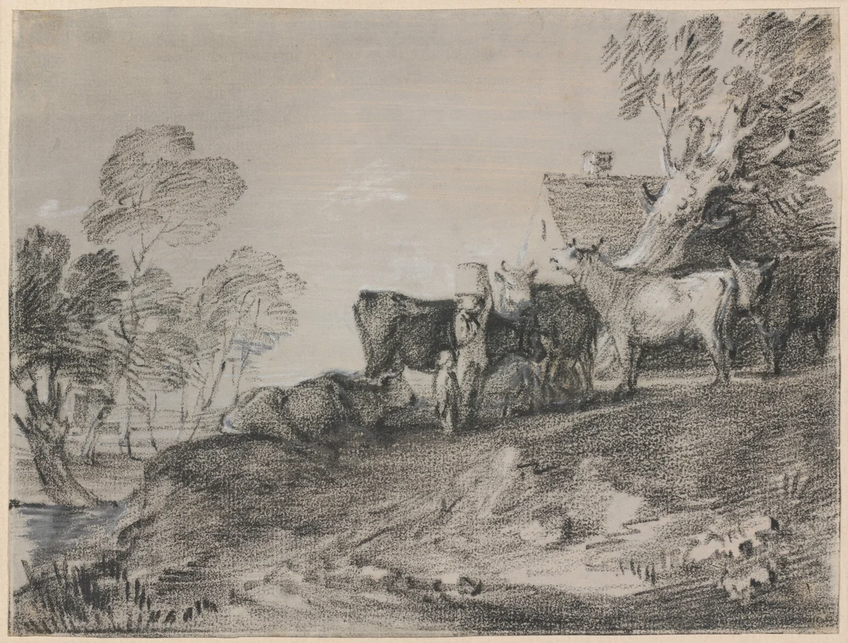 Landscape with Cattle by a Cottage by Thomas Gainsborough, drawing, 1727-1788