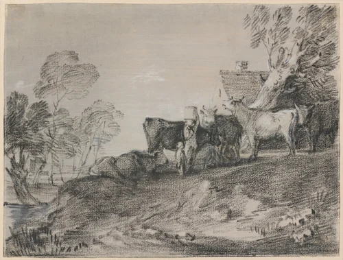 Landscape with Cattle by a Cottage by Thomas Gainsborough, drawing, 1727-1788