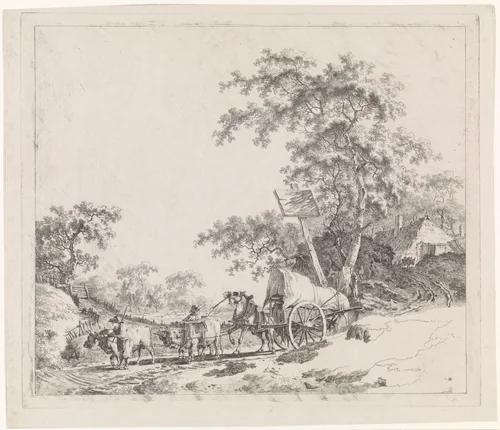Landschap met ingespannen runderen en een paard die een kar trekken by Barend Hendrik Thier, print, 1780