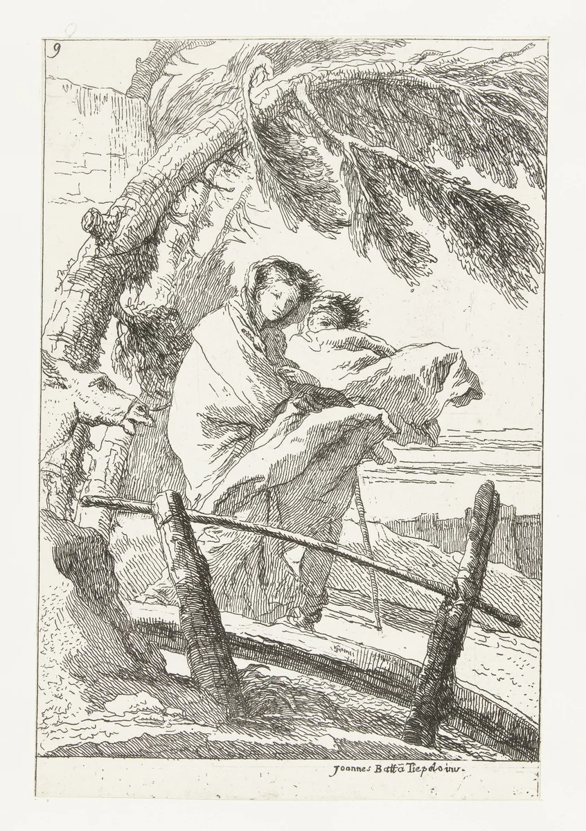 Heilige familie loopt over kleine brug tijdens vlucht naar Egypte by Giovanni Domenico Tiepolo, print, 1748-1752