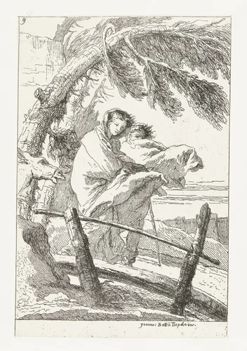 Heilige familie loopt over kleine brug tijdens vlucht naar Egypte by Giovanni Domenico Tiepolo, print, 1748-1752
