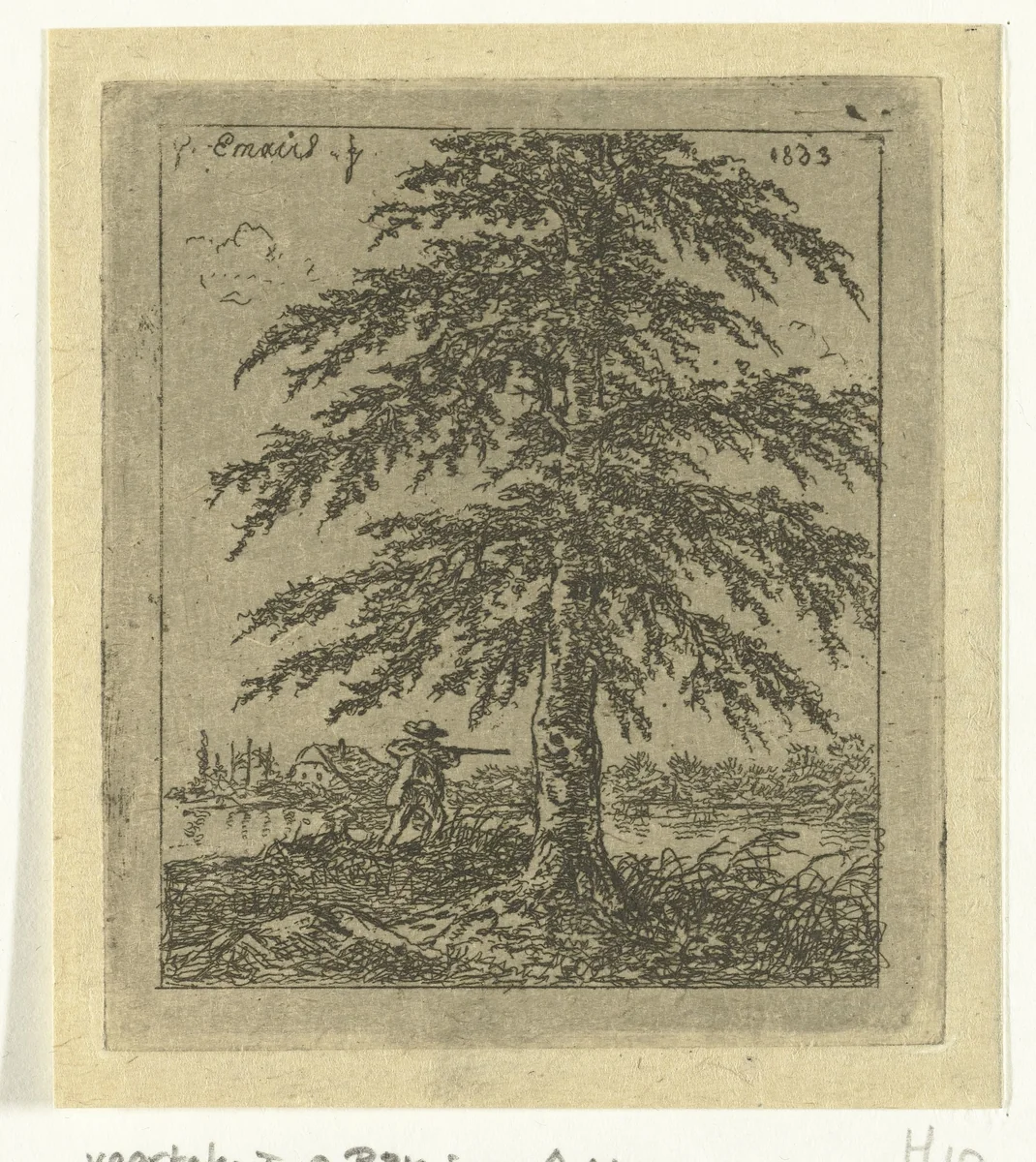 Landschap met beuk en jager by Gerardus Emaus de Micault, print, 1863