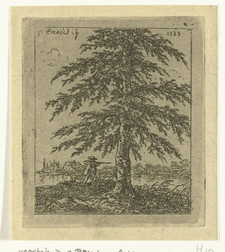 Landschap met beuk en jager by Gerardus Emaus de Micault, print, 1863
