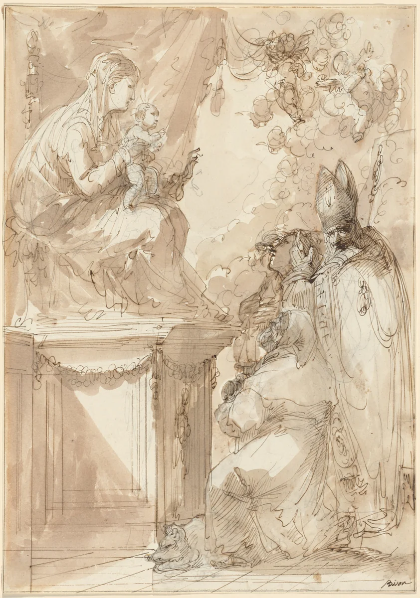 The Virgin and Child Enthroned, Adored by Saints by Giuseppe Bernardino Bison, drawing, 1790