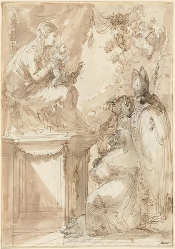 The Virgin and Child Enthroned, Adored by Saints by Giuseppe Bernardino Bison, drawing, 1790