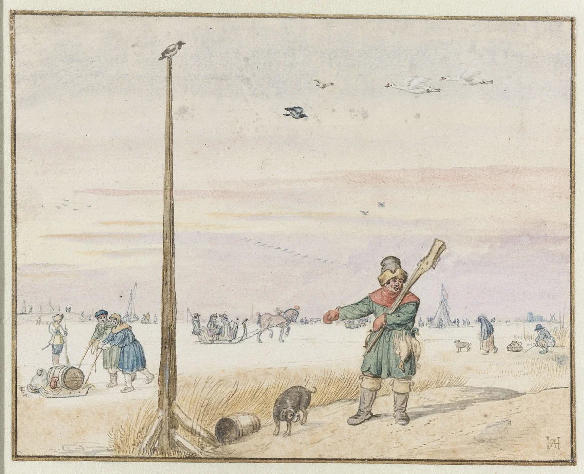 Winter Landscape with a Duck Hunter with Game in his Belt and his Gun over his Shoulder on the Bank of a Frozen River by Hendrick Avercamp, drawing, 1625-1630