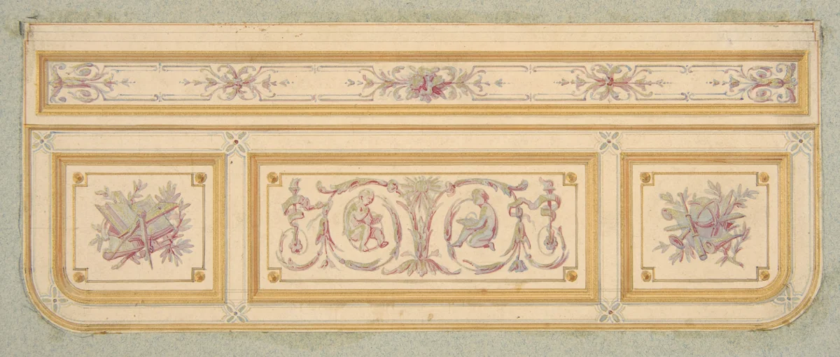 Design for a ceiling with two putti and symbols for the arts by Jules-Edmond-Charles Lachaise, drawing, 1850-1900