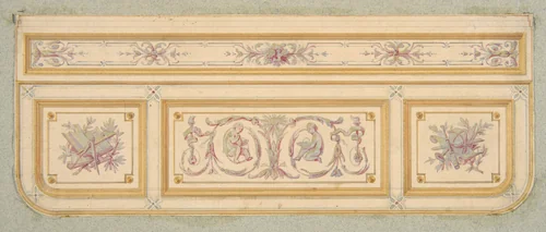 Design for a ceiling with two putti and symbols for the arts by Jules-Edmond-Charles Lachaise, drawing, 1850-1900