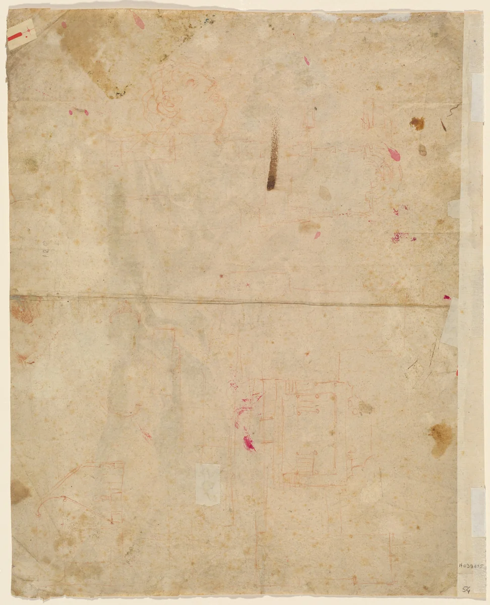 The Head of Saint George and Architectural Plans (verso) by Cosmas Damian Asam, drawing, 1720-1721