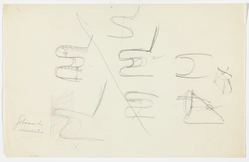 Chair without Arms. Barcelona Stool (or MR60). (Seven elevation sketches. Perspective sketch.) by Ludwig Mies van der Rohe, mies van der rohe archive, 1926