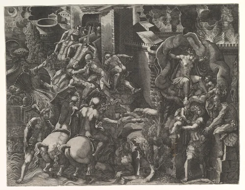 The Fall of Troy and Escape of Aeneas by Giorgio Ghisi, print, 1540-1549