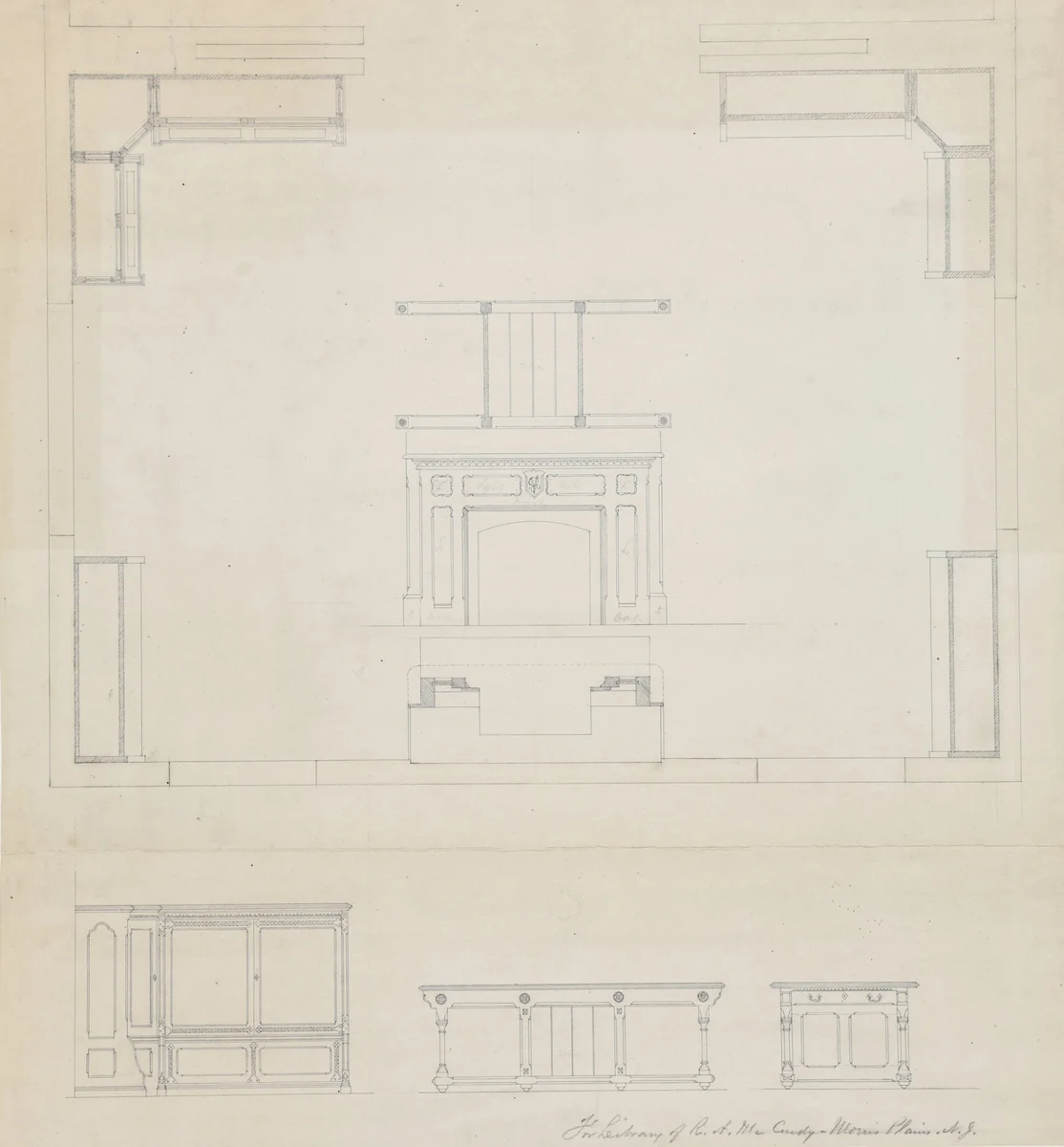 Library for R.A. McCurdy, Morris Plaines, New Jersey, Elevations of Mantel and Furniture by Peter Bonnett Wight, drawing, 1869