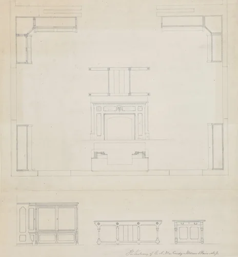 Library for R.A. McCurdy, Morris Plaines, New Jersey, Elevations of Mantel and Furniture by Peter Bonnett Wight, drawing, 1869
