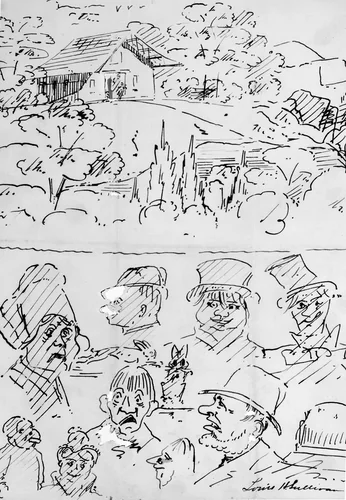 Landscape with Building (top) and Caricature Head Studies (bottom) by Louis Sullivan, other, 1874