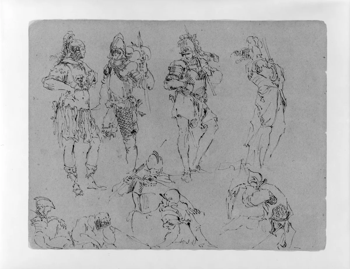 Nine Figures in Military Dress (from Sketchbook) by Thomas Sully, artwork, 1810-1820