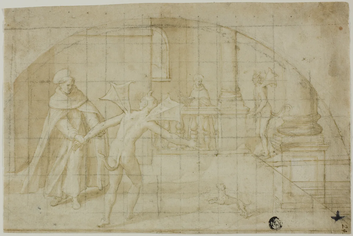 Design for a Lunette: Devils and Saint in a Monastery by Bernardino Poccetti, drawing, 1604-1612