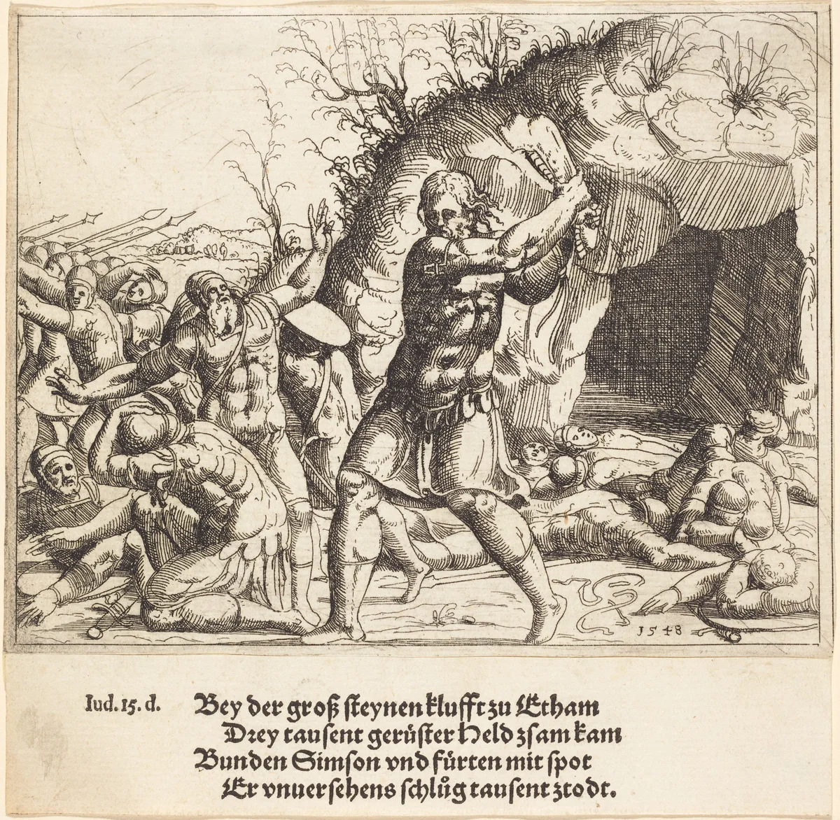 Samson Slays the Philistines by Augustin Hirschvogel, print, 1548