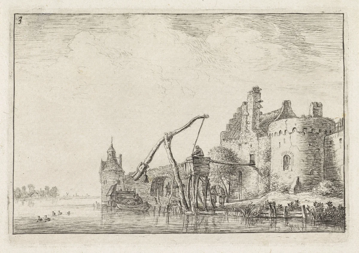 Stadsmuur gezien vanaf het water by Anthonie Waterloo, print, 1630-1663