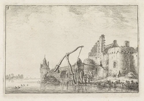 Stadsmuur gezien vanaf het water by Anthonie Waterloo, print, 1630-1663