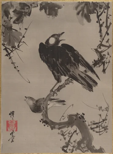 Starlings on a Branch by Kawanabe Kyōsai (河鍋暁斎), painting, 1877-1897