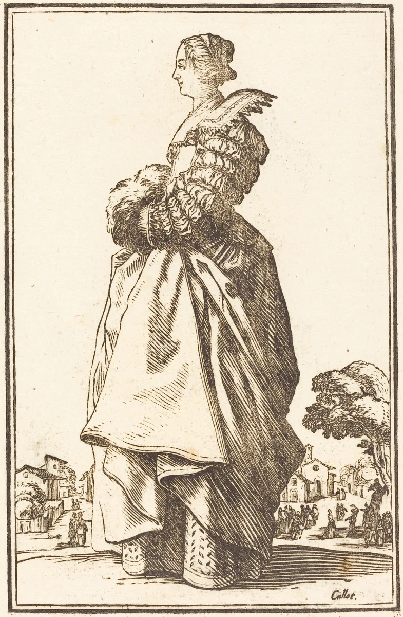 Noble Woman in Profile with her Hands in a Muff by Jacques Callot, print, 1623-1699