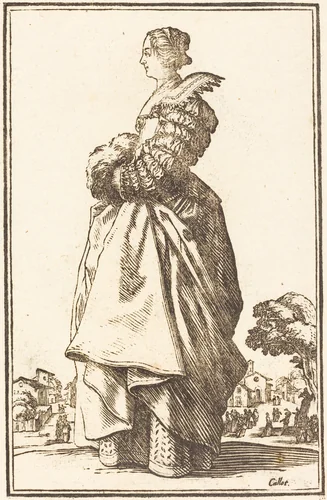 Noble Woman in Profile with her Hands in a Muff by Jacques Callot, print, 1623-1699