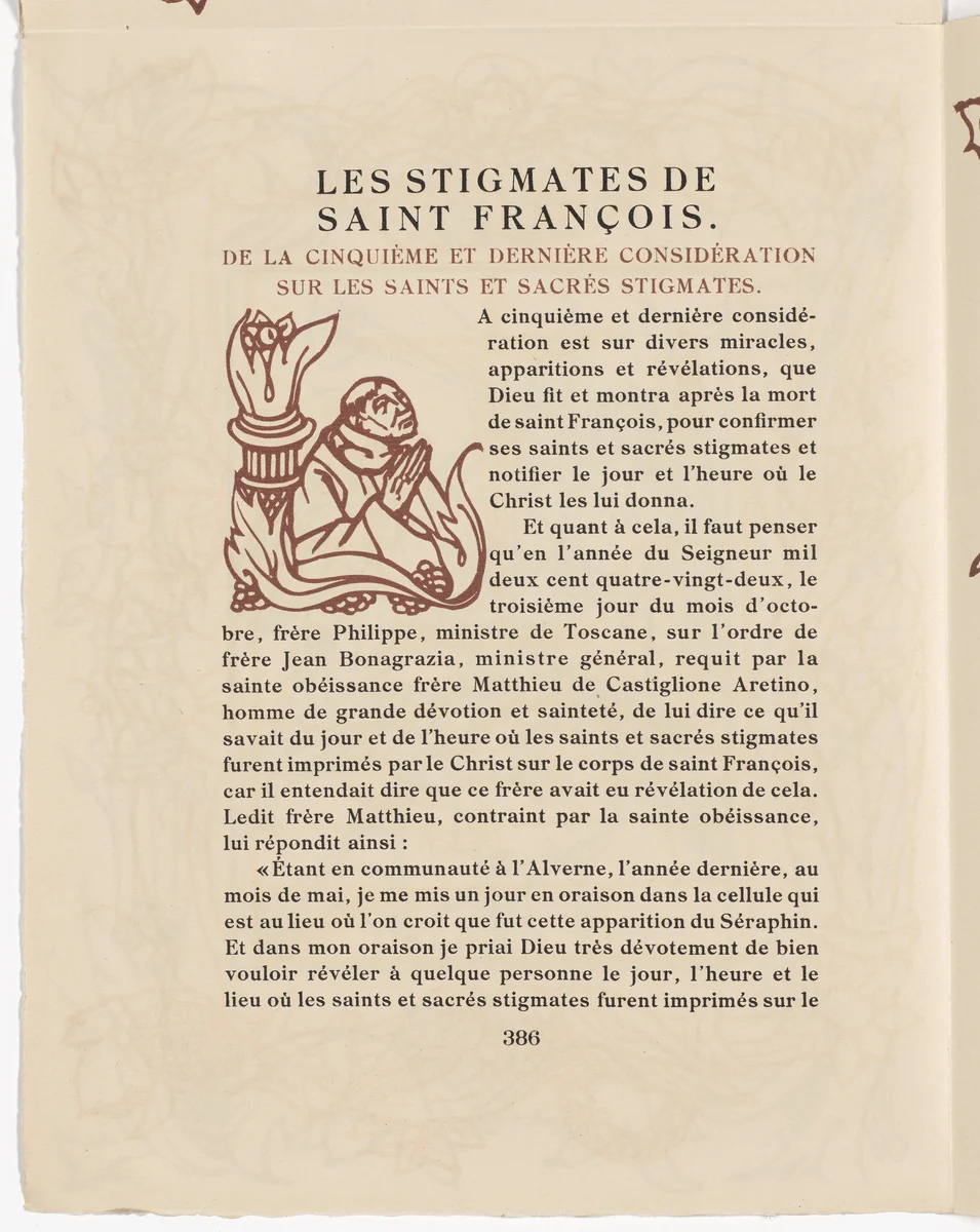Pictorial initial (page 386) from Les Petites Fleurs de St. François (The Little Flowers of St. Francis) by Émile Bernard, illustrated book, 1928