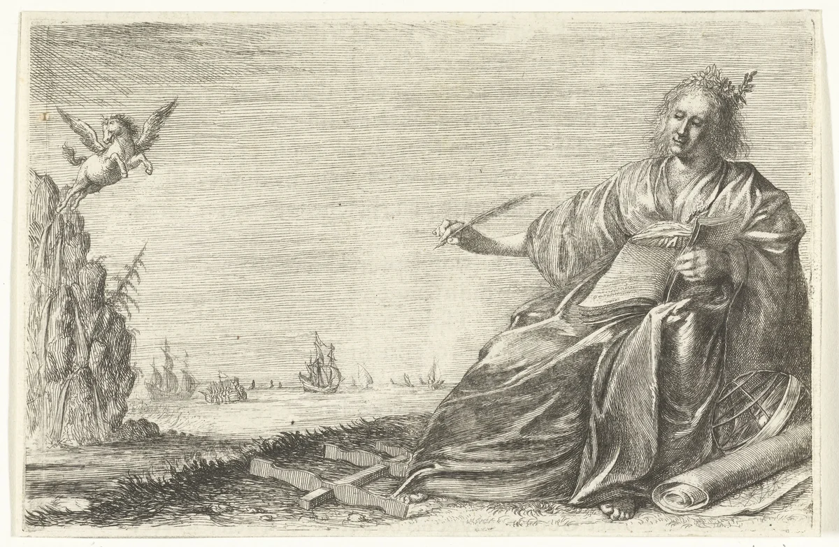 Calliope, de muze van de dichter by Willem Basse, print, 1632-1634
