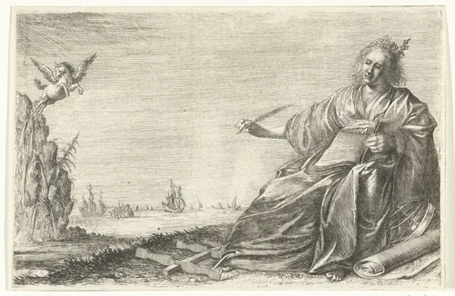 Calliope, de muze van de dichter by Willem Basse, print, 1632-1634