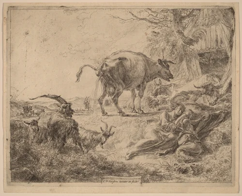 Cow Pissing by Nicolaes Pietersz Berchem, print, 1620-1683