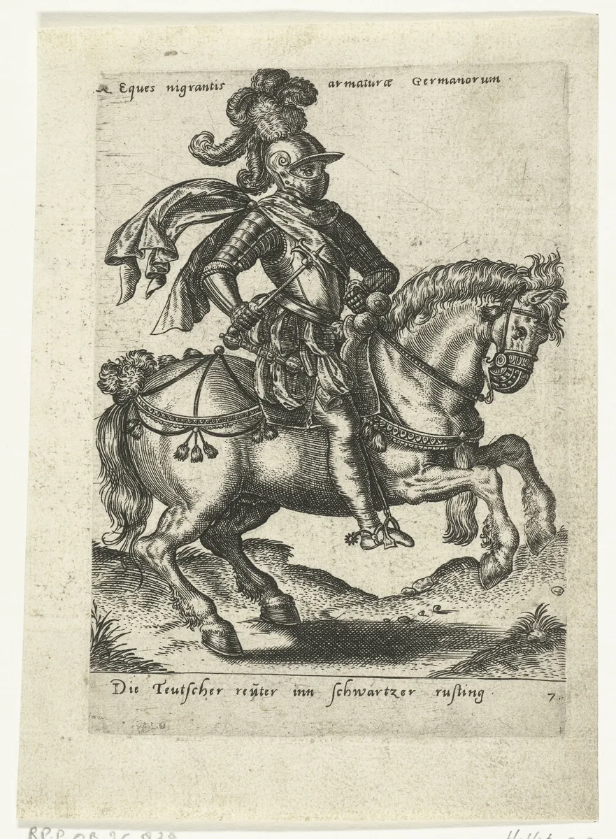 Duitse ruiter in zwart harnas by Unknown, print, 1577