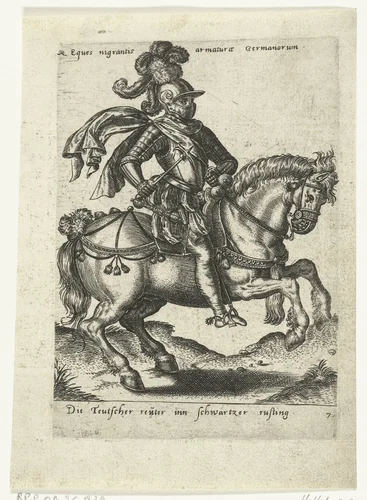 Duitse ruiter in zwart harnas by Unknown, print, 1577