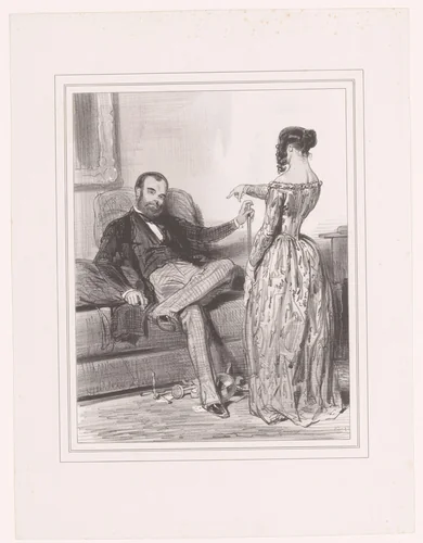 Vrouw gelooft niet dat haar man de waarheid spreekt by Paul Gavarni, print, 1843