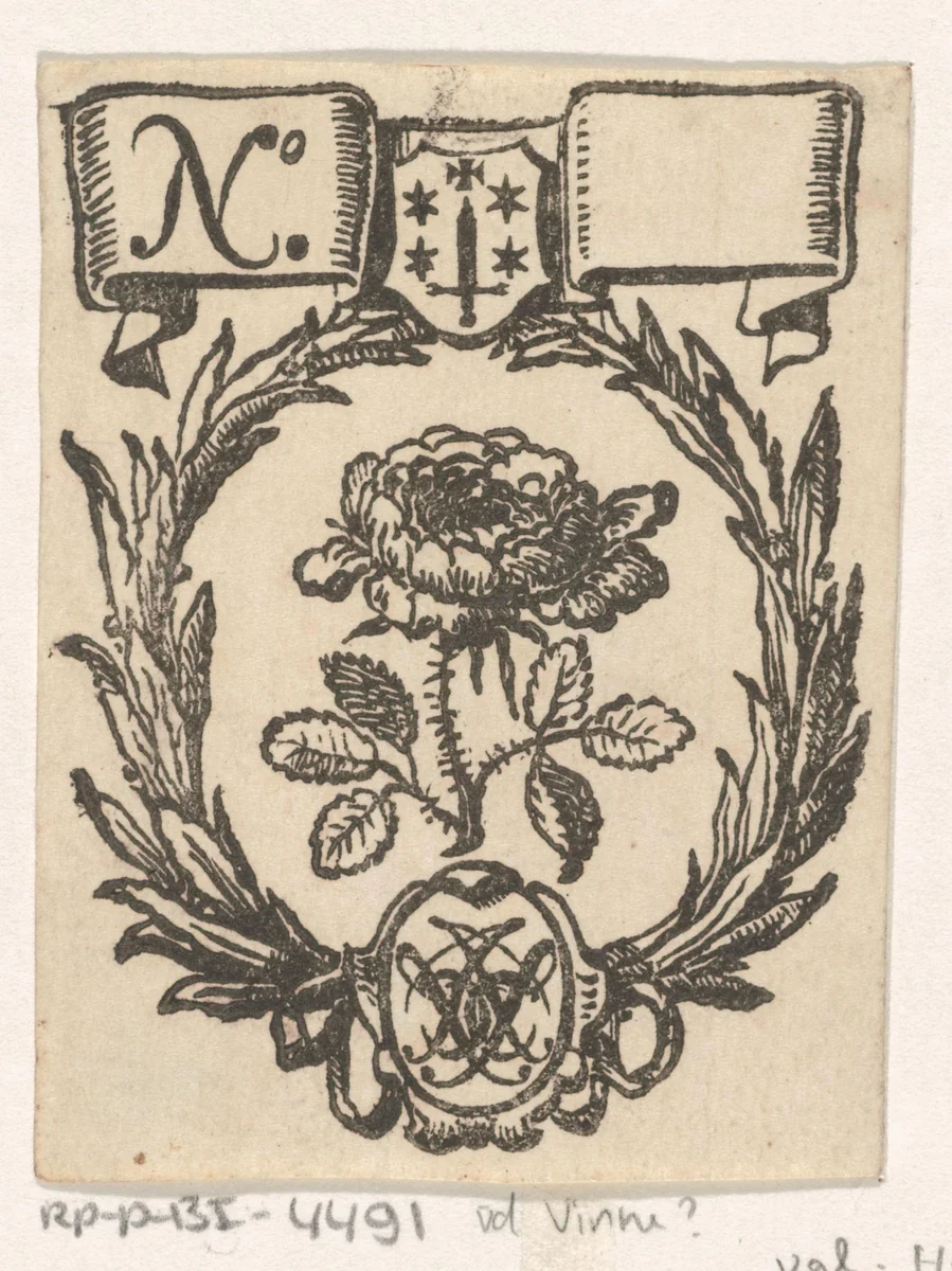 Handelsetiket met een roos, het wapen van de stad Haarlem en een monogram by anonymous, print, 1681-1740