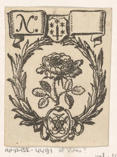 Handelsetiket met een roos, het wapen van de stad Haarlem en een monogram by anonymous, print, 1681-1740