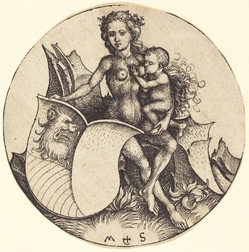 Shield with Lion's Head, Held by Wild Woman by Martin Schongauer, print, 1480-1490