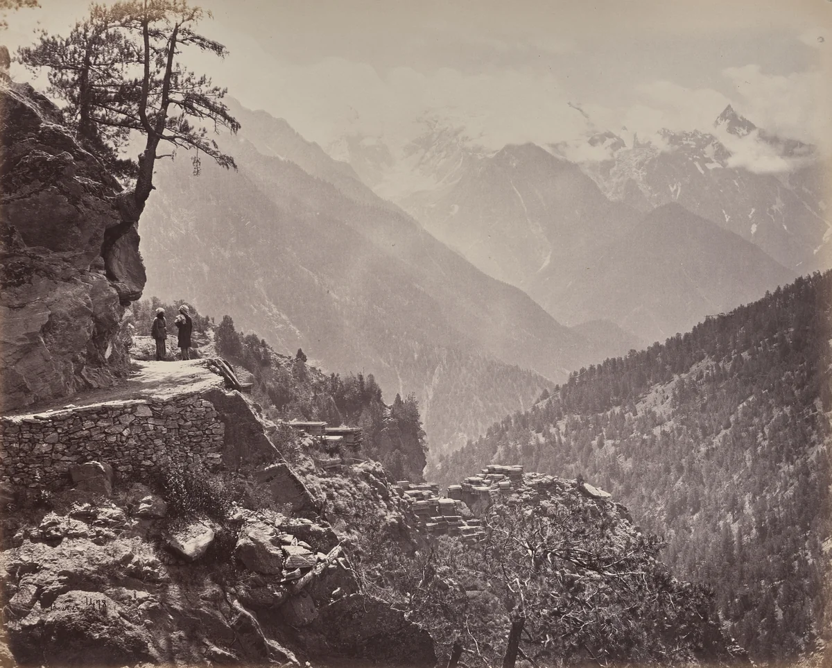The Upper Himmalayahs. View on the New Road between India and China. Mt. Pangi with the Snowy Peaks of China in the Distance by Samuel Bourne, photograph, 1863-1870