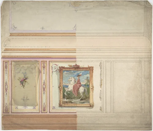 Wall Design including an Equestrienne Portrait by anonymous, drawing, 1800-1899