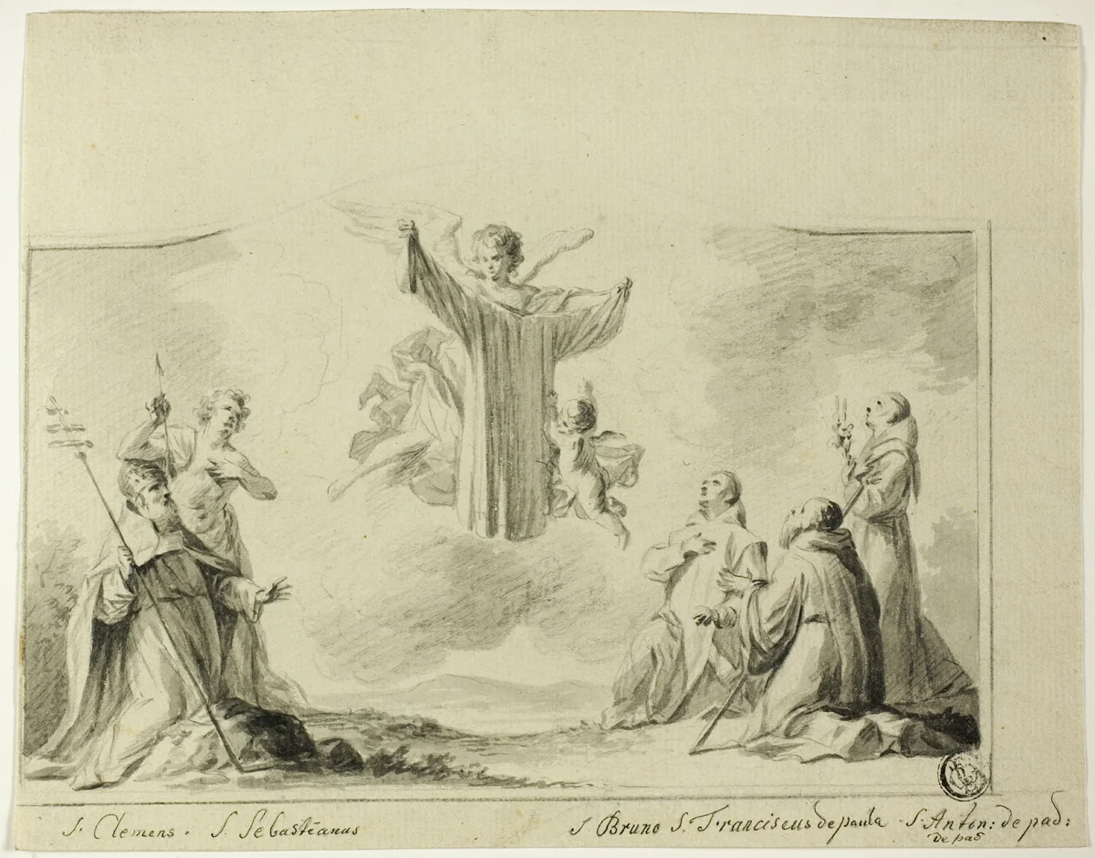 Saints Clement, Sebastian, Bruno, Francis of Paula, Anthony of Padua Worshipping Garment of the Virgin by Crispin de Passe, drawing, 1663-1680