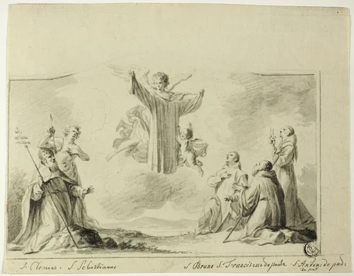 Saints Clement, Sebastian, Bruno, Francis of Paula, Anthony of Padua Worshipping Garment of the Virgin by Crispin de Passe, drawing, 1663-1680