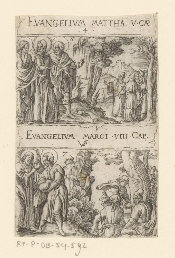 Bergrede en vermenigvuldiging van de broden en de vissen by Unknown, print, 1524-1562