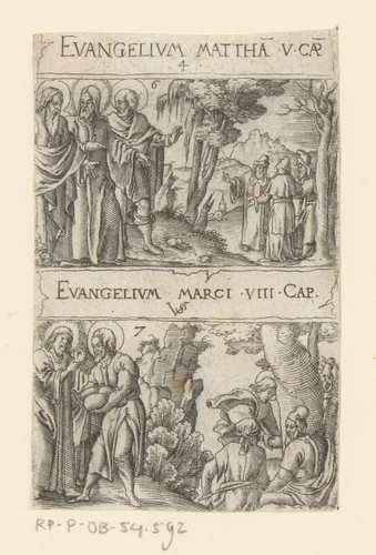 Bergrede en vermenigvuldiging van de broden en de vissen by Unknown, print, 1524-1562